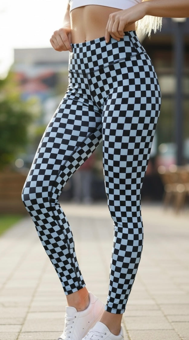 Gray Blue Check ROK Leggings With Pockets