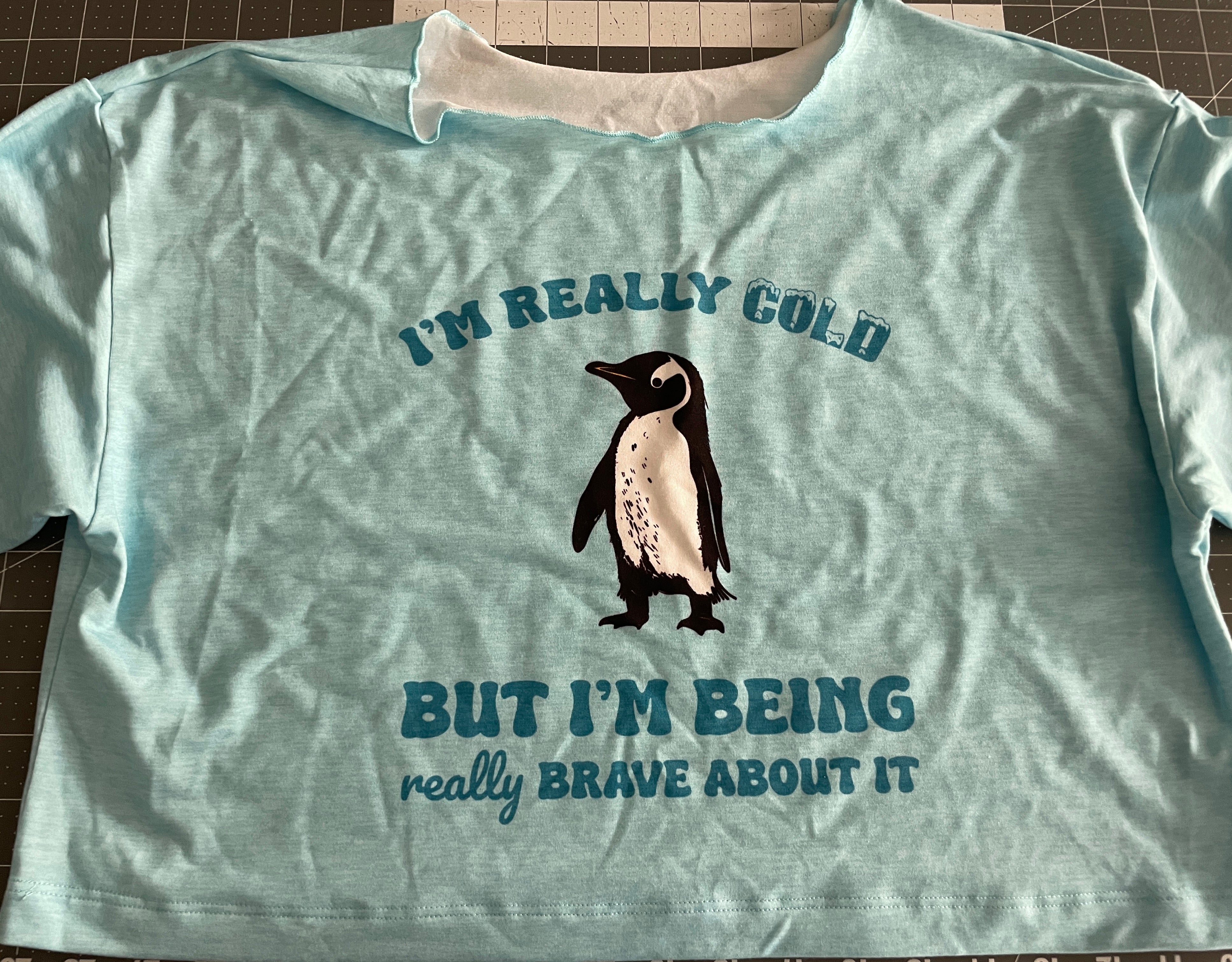 COLD PENGUIN OVERSIZE T CROPPED SMALL- RAW EDGE NECK