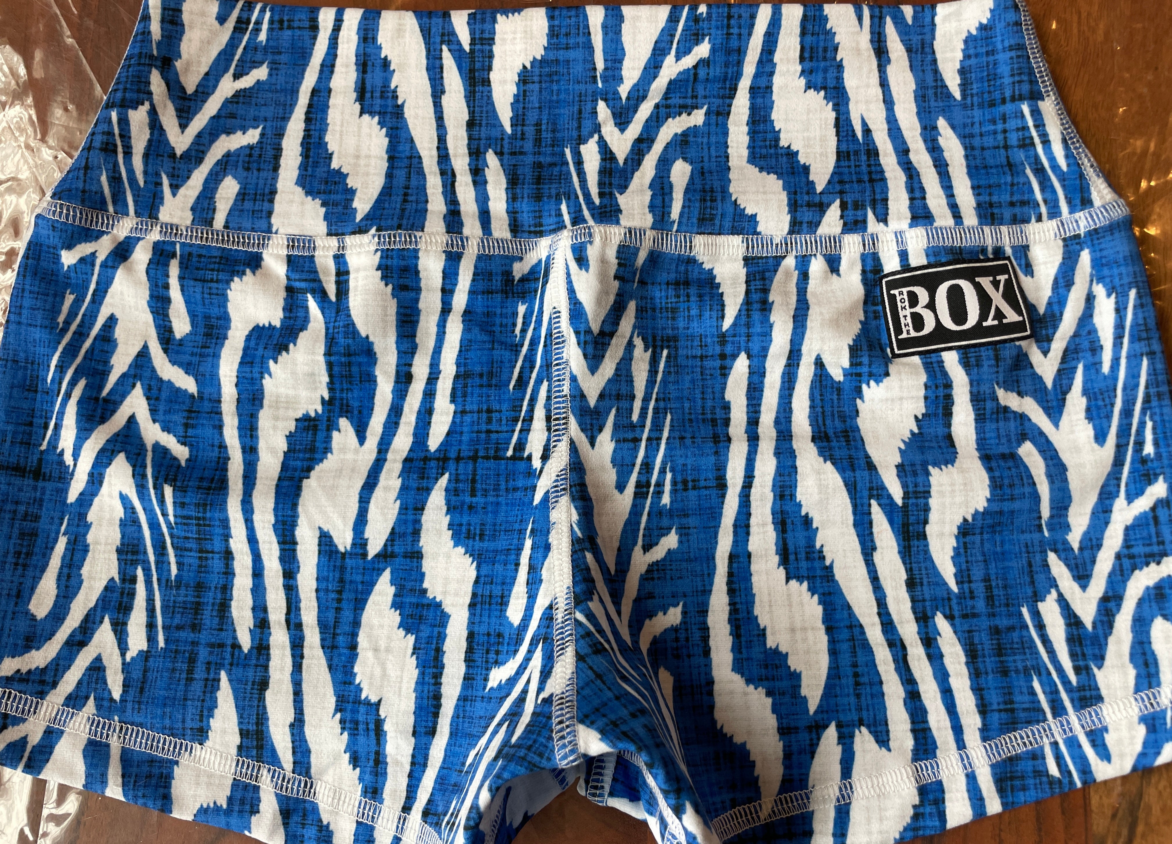 WHITE ZEBRA ON BLUE MIDRISE 2.5"inseam MEDIUM- OG FabriC
